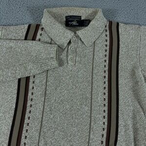 VINTAGE Bill Blass Sweater Mens L Tan Stripe Polo Collar Studio Bowling 90s Knit